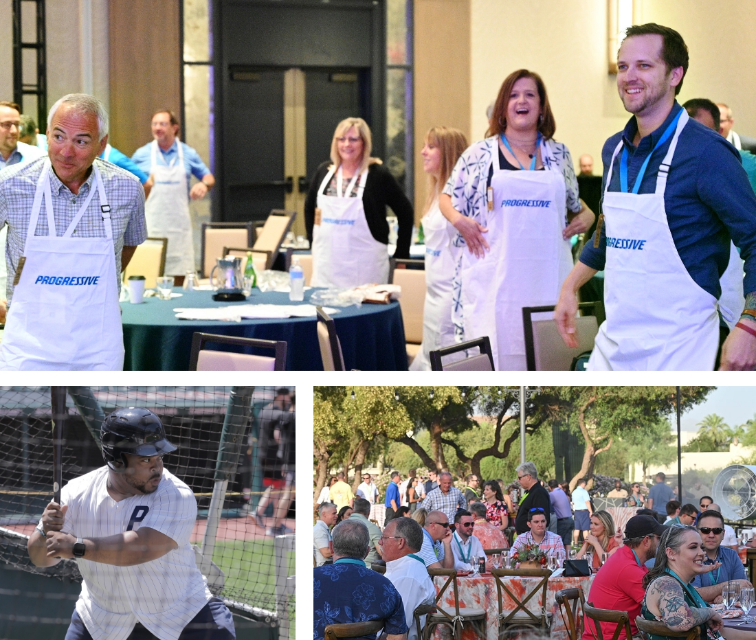 a collection of three images showing Progressive agents at various activities together